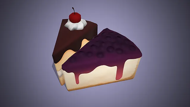 一组卡通风格的巧克力和蓝莓蛋糕的切块模型