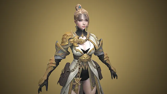 鎏金纹白袍甲胄国风女战将：金宸玉华模型