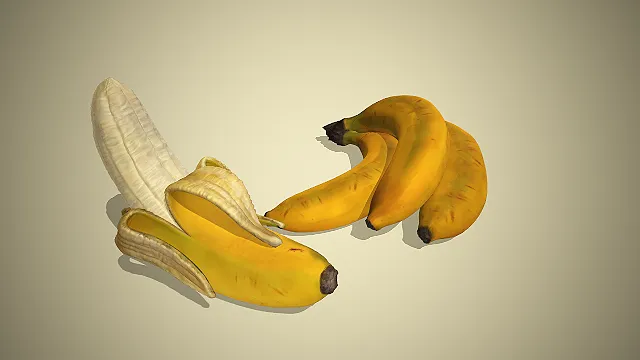 一个写实风格的3D香蕉模型，热带水果