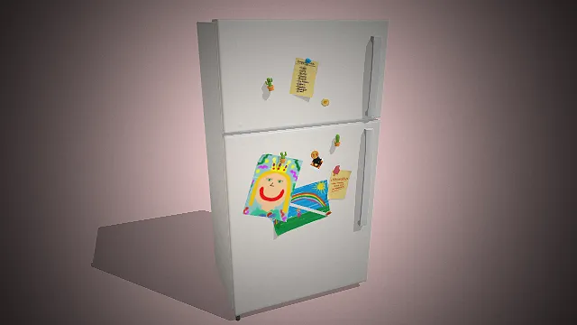 一个贴满可爱冰箱贴的白色冰箱3D模型