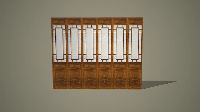 木色六联中式格栅半透纱质折叠屏风 3D 模型