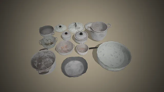 一套复古风格的铝制炊具3D模型