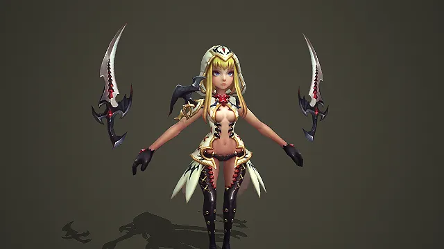 卡通 Q 版金发兜帽刺客女战士带双血刃利爪 3D 游戏角色模型