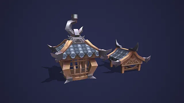 中式古风尖刺囚笼灯笼与屋檐组件 3D 模型套装