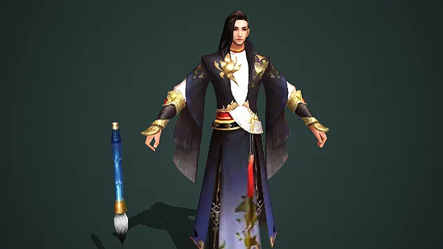黑金锦袍持笔儒雅文士角色模型