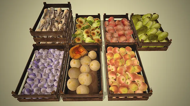 一组写实风格的，复古果蔬木筐的3D模型