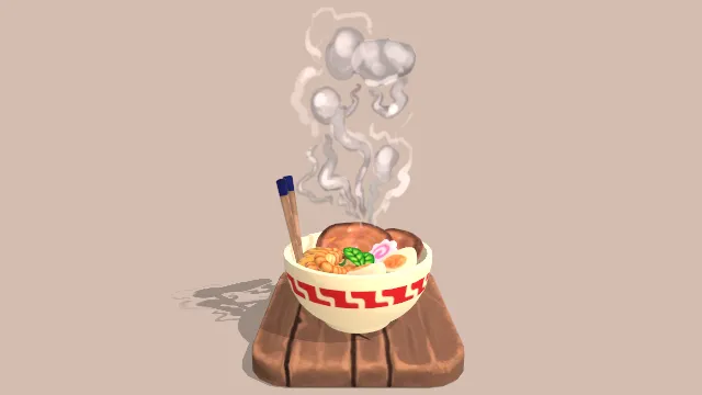 卡通风格拉面碗食物放在木板上