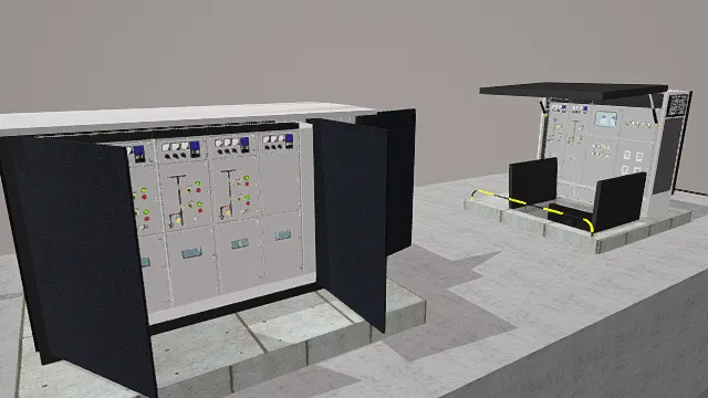 3D卡通风格灰白黑系电力设备场景模型，创意设计（3D场景、卡通风格、工业科技风，场景设计主题）
