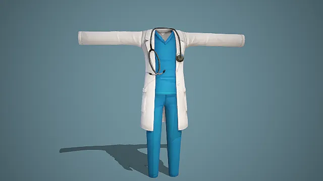  高精度写实男医生身着现代白大褂与听诊器的3D服装模型 