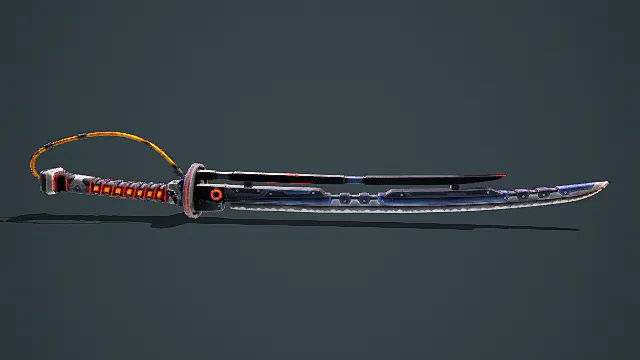 科幻风格3D武士刀模型，创意设计（科幻武士刀、3D模型、金属质感、橙色装饰、灰色背景、独特造型 ）