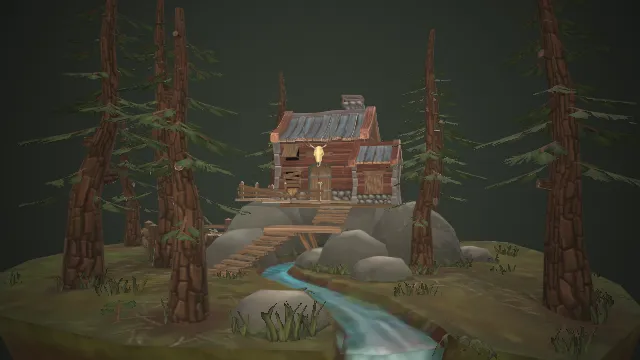 风格化猎人小屋建筑森林植物河流场景