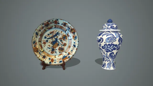 青花缠枝花卉纹将军罐与矾红彩花卉纹赏盘组合瓷器 3D 模型