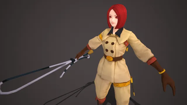 特工风格  排扣工装套装  工装干练感  卡其主色调  3D 女性角色模型  齐肩红短发  动漫风