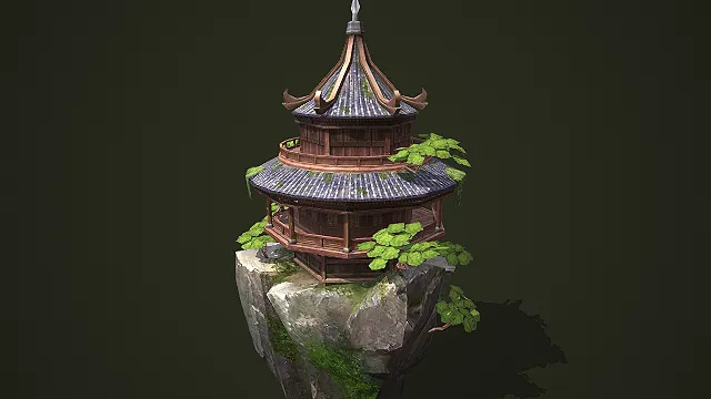 建在山崖上的两层木质古风圆亭