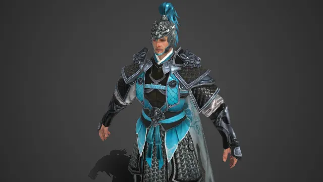 中式古风  鳞纹铠甲  青蓝纹章装饰  色调清新  悍勇武将  厚重防御感  青蓝元素  清俊飒爽  沙场将领