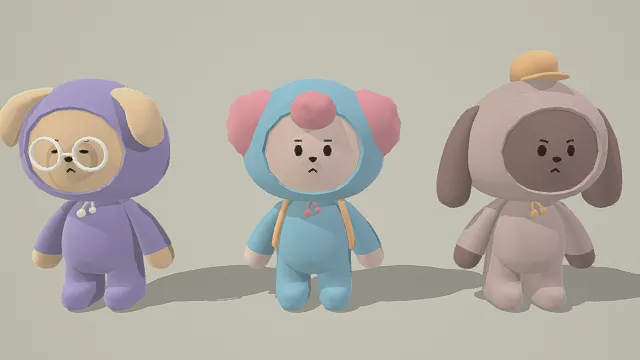 3D卡通风格玩偶角色组合模型，创意设计（3D玩偶、卡通风格、可爱风，玩偶设计主题）