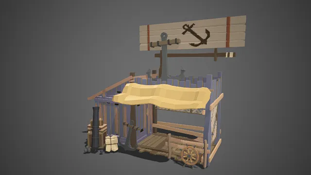 低多边形  码头船坞  杂物  紫木棚屋  篷布摊位  锚饰  旧物堆积场景
