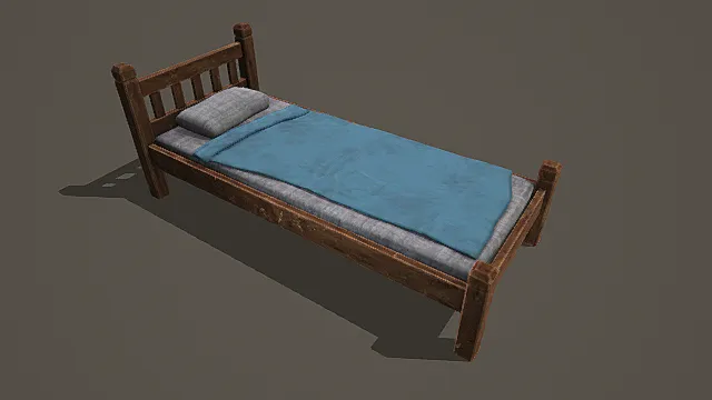 写实风格旧木单人床3D模型