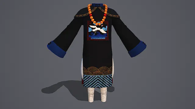 黑色传统服饰3D模型，配红色项链与装饰图案