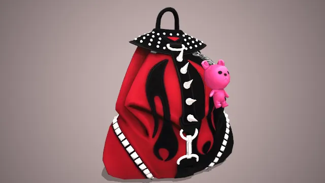 带有尖刺的红色背包，挂有一个小玩偶