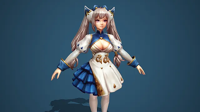 穿蓝白公主裙的双马尾猫耳少女游戏角色模型