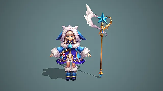 卡通 Q 版兔耳冬装法师少女带星芒法杖 3D 游戏角色模型