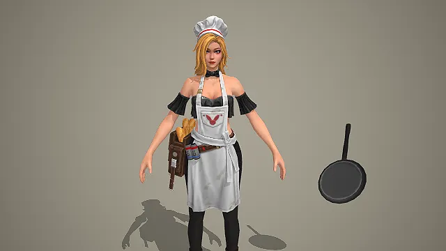 卡通风格战斗厨师女性角色 3D 模型 平底锅法棍套装