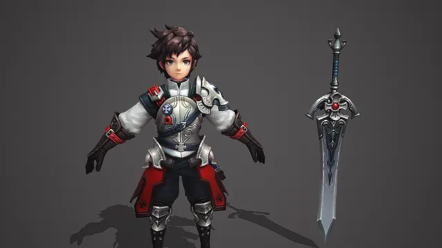 卡通 Q 版银白红纹少年骑士带红宝石巨剑 3D 游戏角色模型