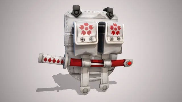 白色背包挂有一把武士刀红色花朵装饰