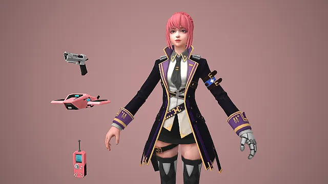 赛博风粉发机械义肢女特工角色 3D 模型 配全套科技道具