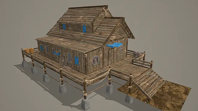 国风渔村风格临水复合型商住木屋模型