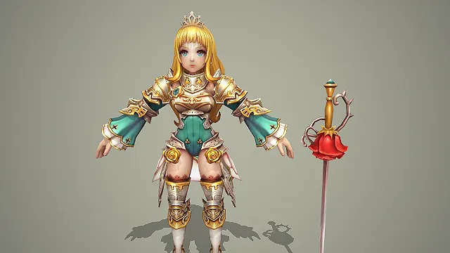 卡通 Q 版公主骑士少女带玫瑰圣剑 3D 游戏角色模型