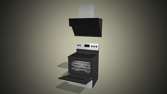 一套黑银配色的灶台烟机套装3D模型