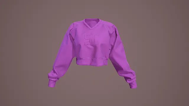 时尚风格短款上衣3D模型，服装设计（短款上衣、时尚风格、紫色、V领、字母印花、服装元素 ）
