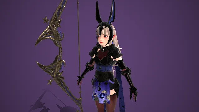 奇幻风格  3D 游戏角色  精灵少女  黑紫色调  巨弓  兔耳萌系元素