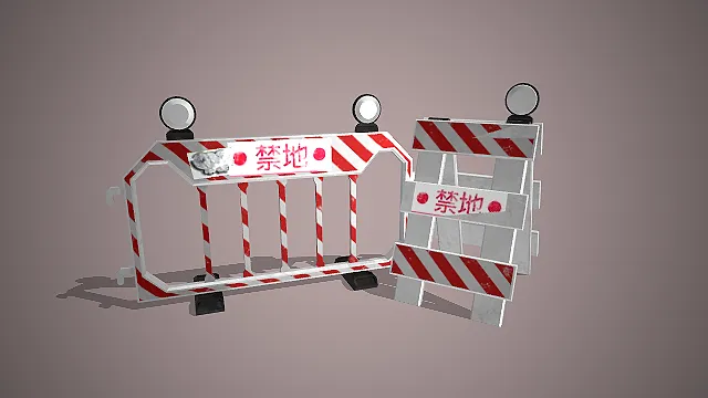 一个写实风格的配有警示灯的3D警示路障模型