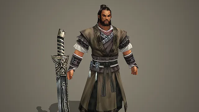 持雕花大刀的褐袍粗犷江湖武士游戏 3D 模型