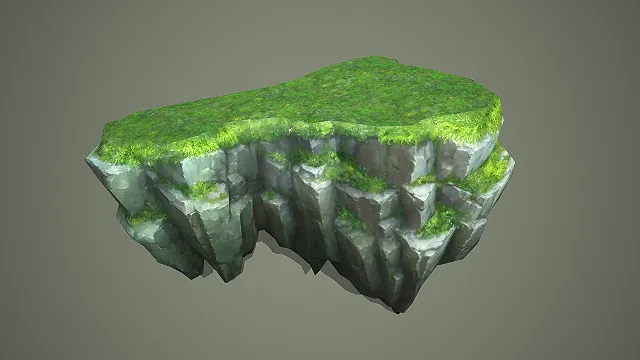 卡通风格苔藓浮空崖台 3D 模型 游戏场景地形装饰素材