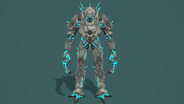 3D卡通风格银蓝绿系科幻机甲模型，创意设计（3D机甲、卡通风格、科幻未来风，机甲设计主题）