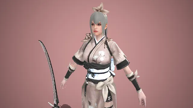 游戏女角色  樱花纹和服   武士刀   女武士  浅灰发色  日系和风  柔美  巫女