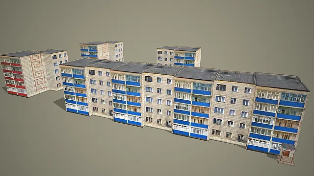 浅面多栋居民楼组合带平顶彩饰阳台 3D 模型