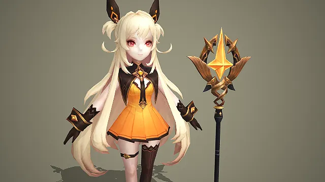 Q 版金发兽耳少女法师角色模型带星芒法杖