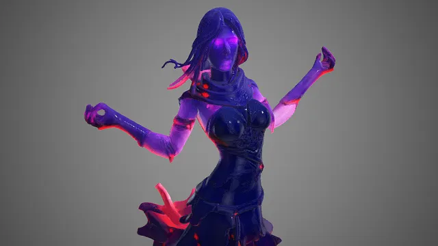 女鬼魂  角色模型  半透明  舞蹈姿态  空灵诡异感  魅惑  紫焰光晕