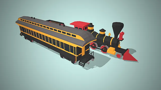 一款低模多边形风格的，Q版蒸汽火车3D模型