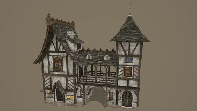 3D卡通风格棕白黑彩系复古欧式建筑模型，创意设计（3D建筑、卡通风格、卡通复古欧式风，建筑设计主题）