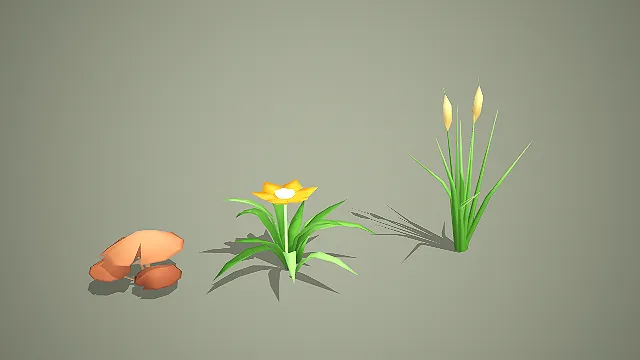 卡通低模蘑菇黄花香蒲植物 3D 模型套装 湿地场景装饰款