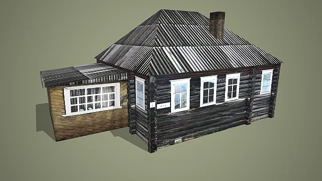 黑木楞墙面配金属顶及附属小屋的复古乡村木屋建筑 3D 场景模型