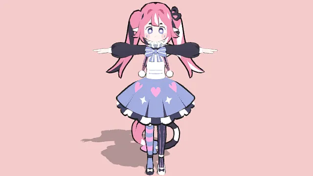 3D卡通风格粉蓝系萌系少女角色模型，创意设计（3D角色、卡通风格、可爱风，角色设计主题）