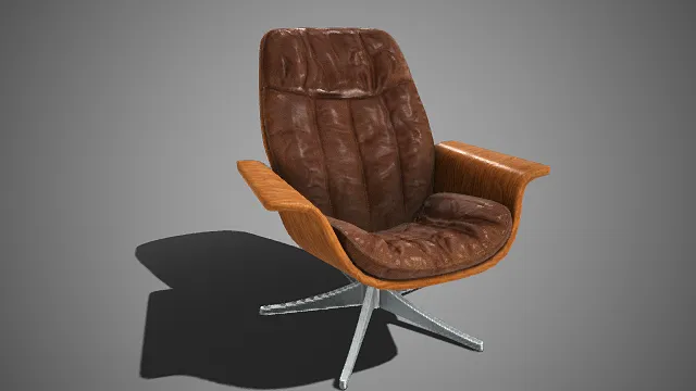 复古风格  休闲旋转扶手椅  棕褐色皮质软垫  褶皱肌理  流畅弧形设计  轻奢简约
