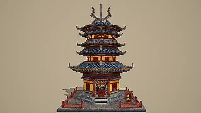 卡通风格中式炫彩阁塔建筑3D模型